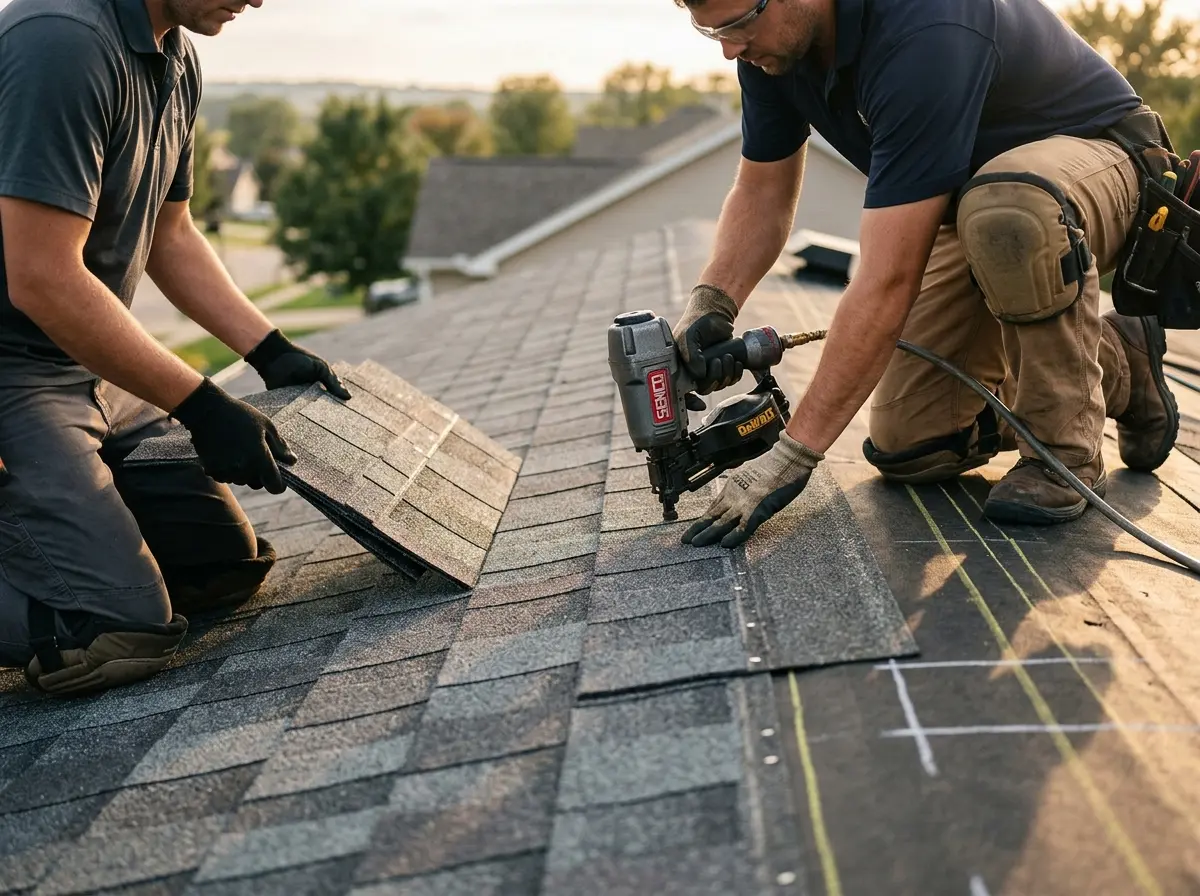 Professional roofer working on a residential roof in Winter Gardens